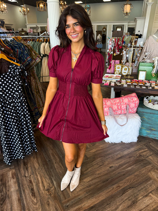 Anna Zip Mini Dress: Maroon