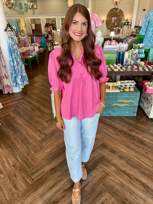 Textured Plaid Top: Pink