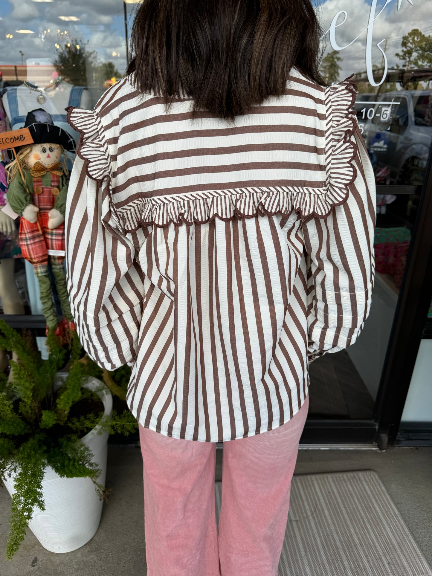 Scalloped Frilly Striped Top: Brown