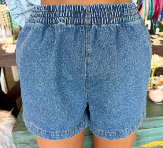 Medium Wash Smock Denim Shorts