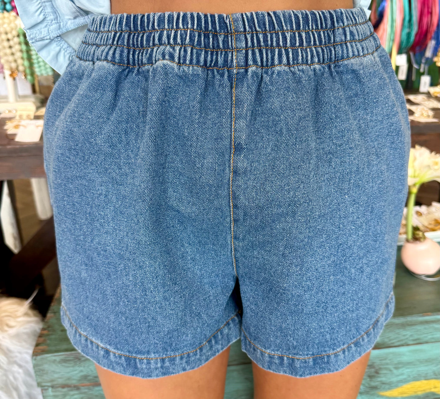 Medium Wash Smock Denim Shorts