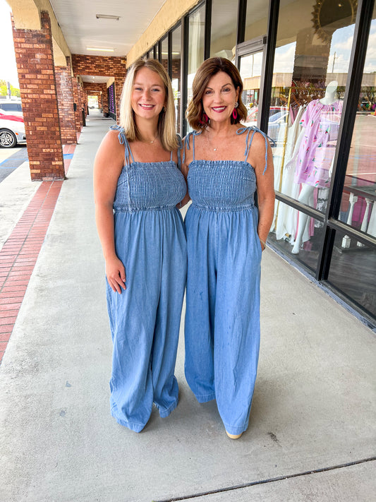 Smocked Denim Jumpsuit