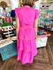 Yellow Trim Pink Belt Midi Dress