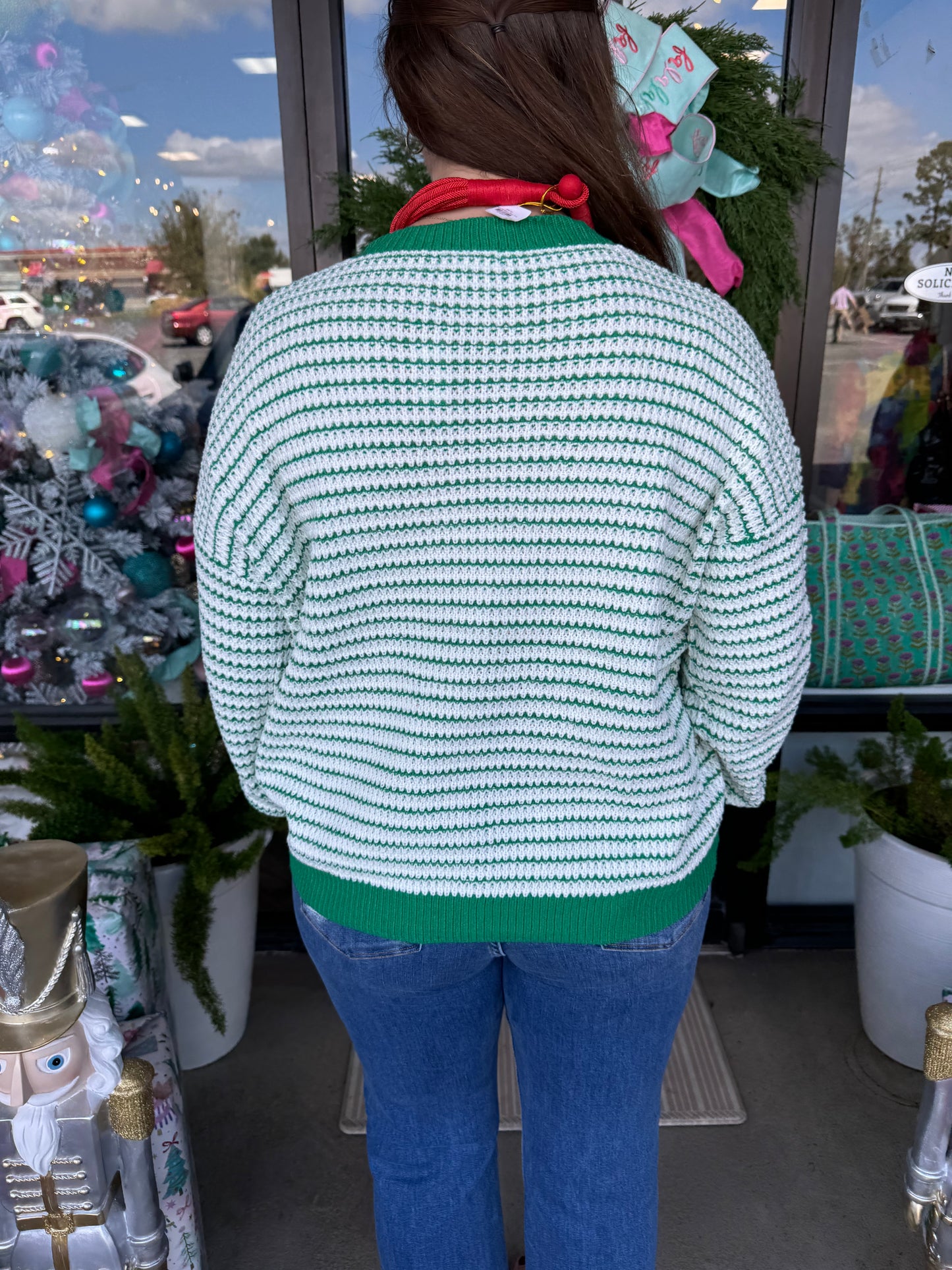 Waffle Green Striped Sweater