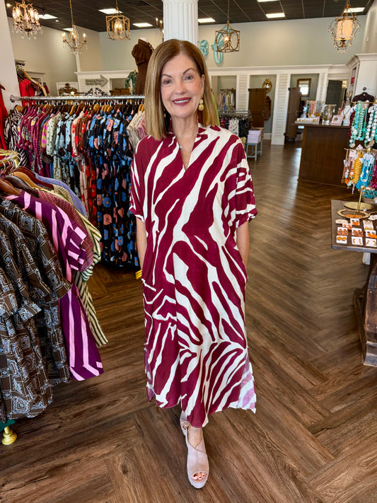 Burgandy Zebra Midi Dress