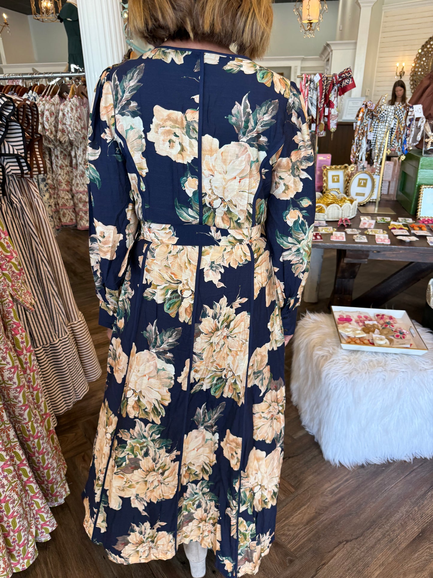 Navy and Floral Midi Dress