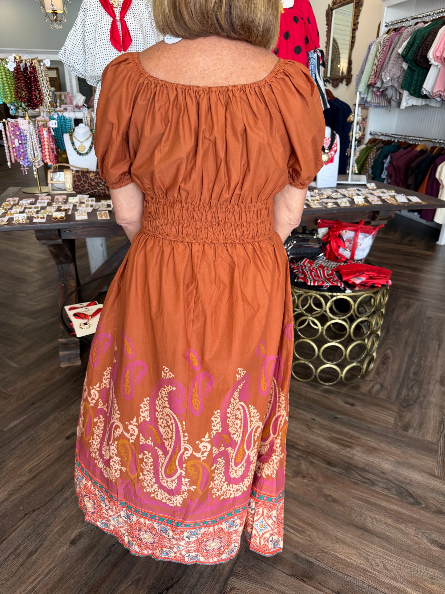 Autumn Paisley Midi Dress: Caramel