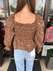 Floral Woven Smock Ribbon Top: Brown