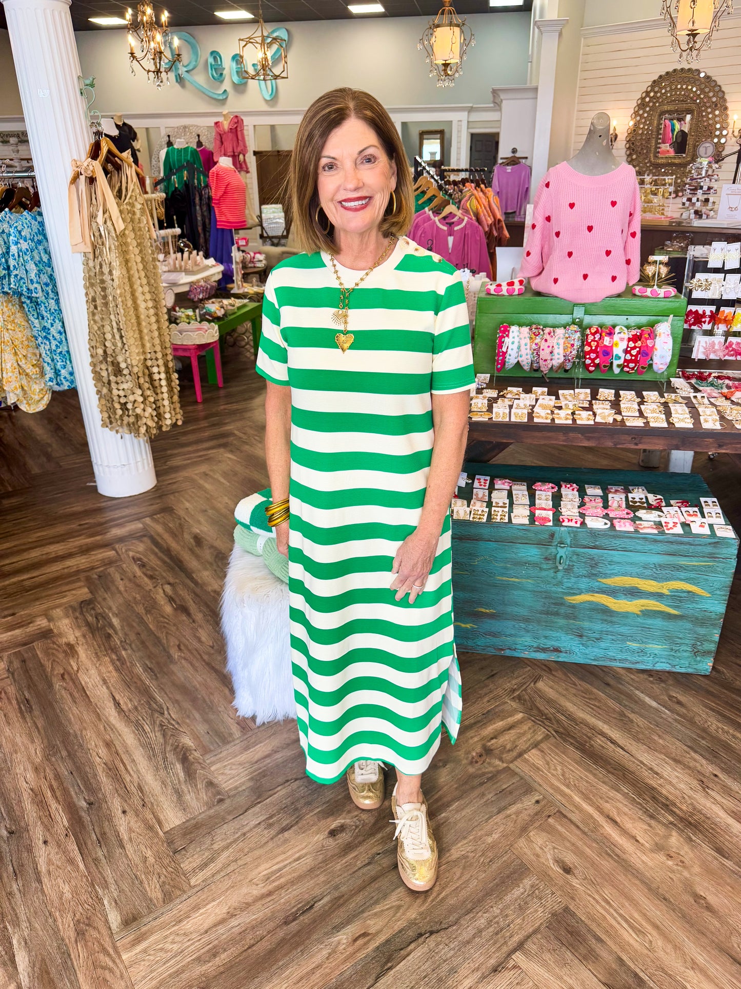 Button Green Striped Midi Dress