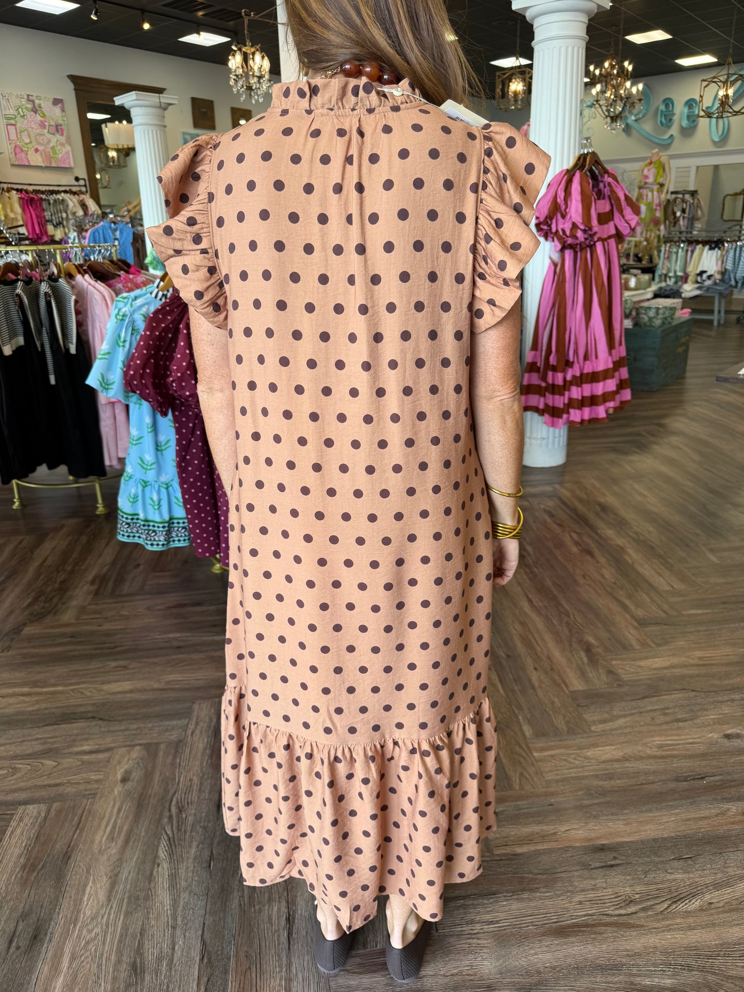 Dot Your Dreams Midi Dress: Camel