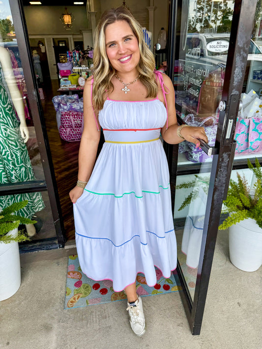 Pastel Stripe White Midi Dress