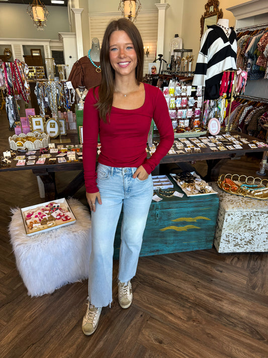 Ribbed Casual Top: Garnet Red