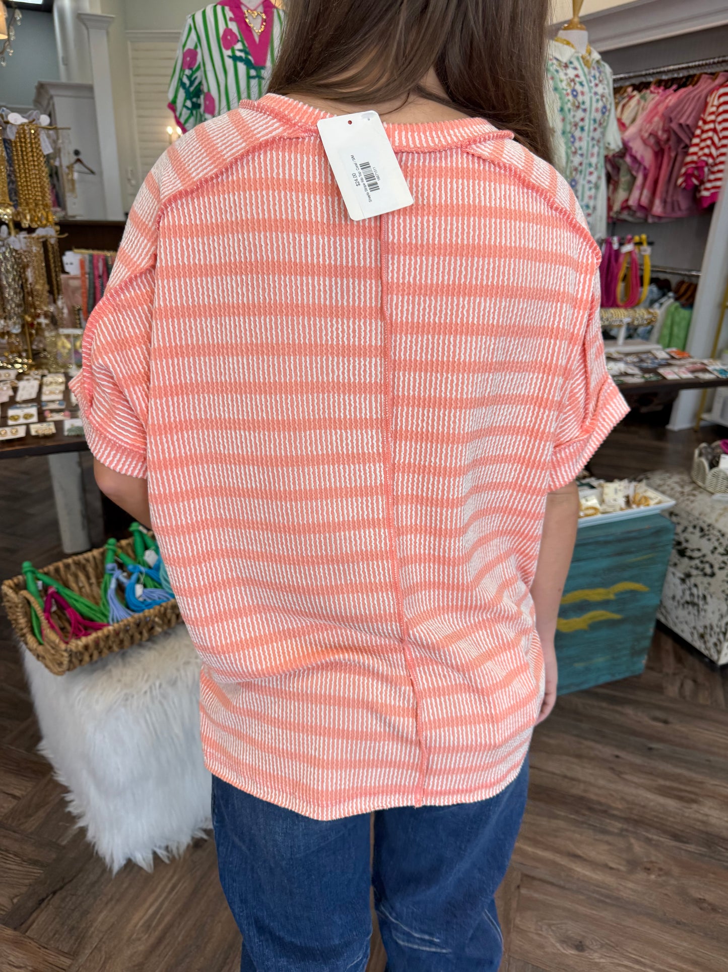 Shayla Stripe Rib Top: Coral