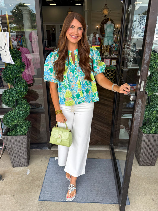 Blue/Lime Print Top