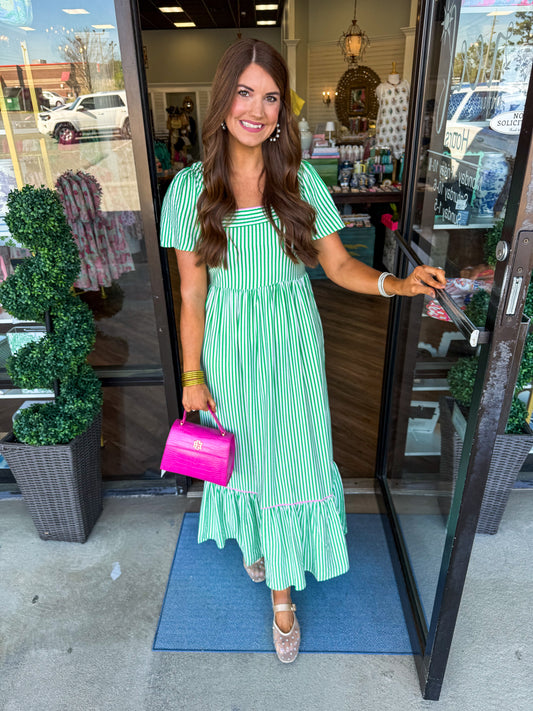 Mary Square Milena Dress: Green Stripes
