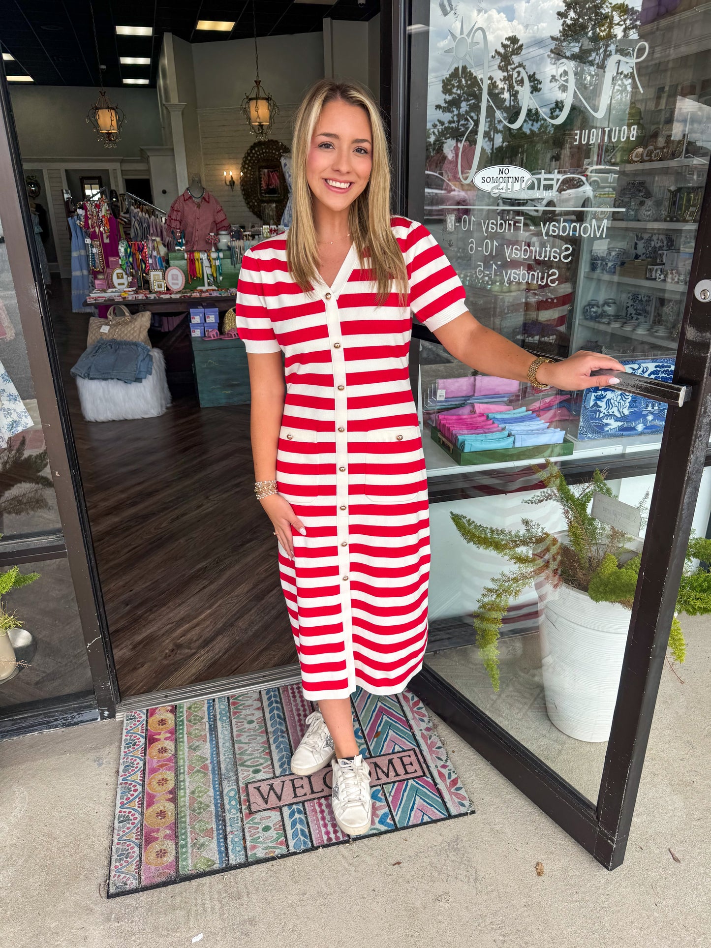 Gold Button Red Knit Dress