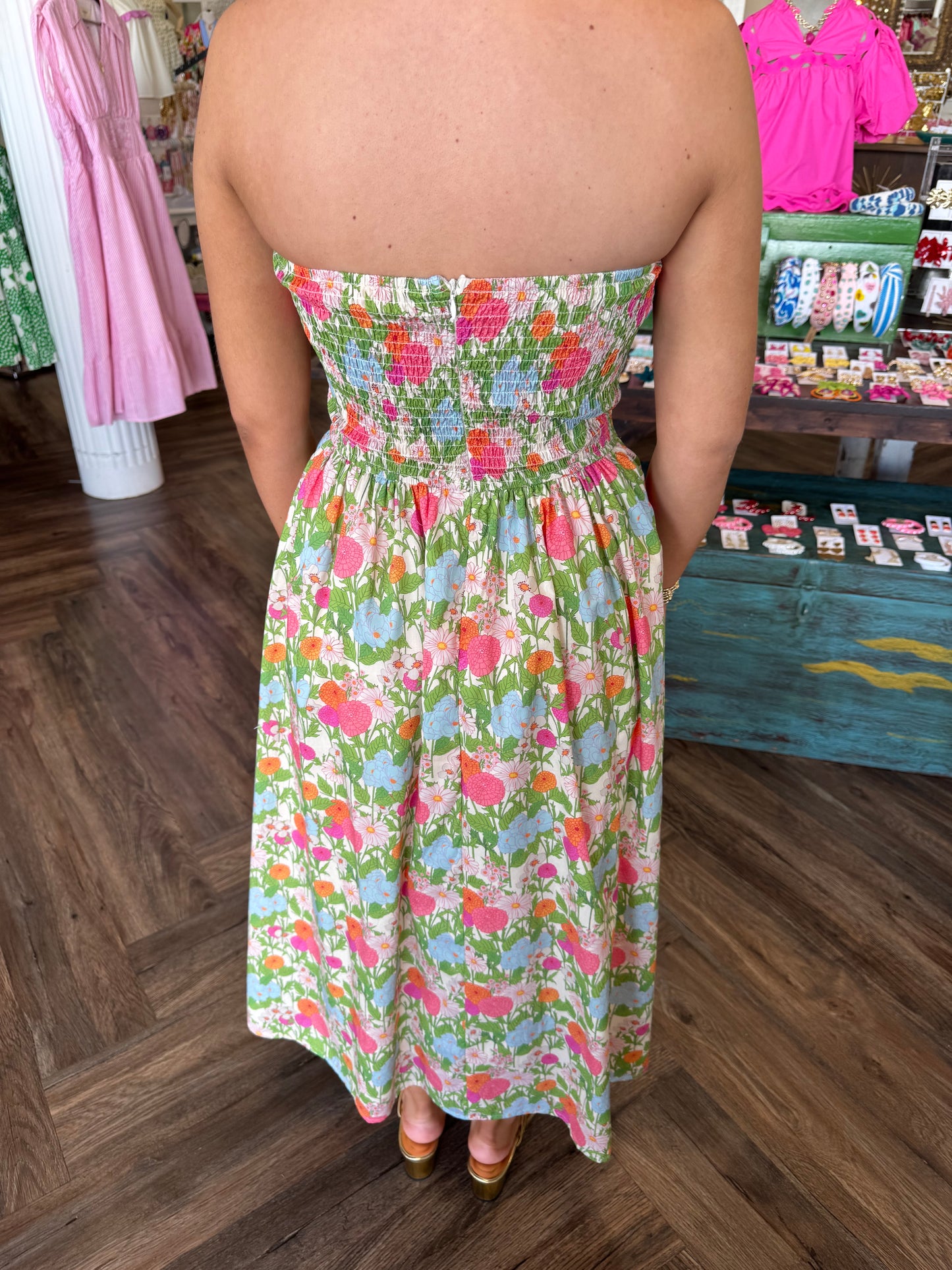 Strapless Sally Floral Midi Dress