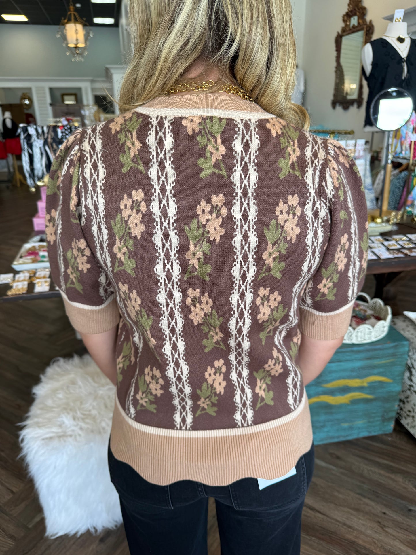 Scalloped Floral Sweater Top: Brown