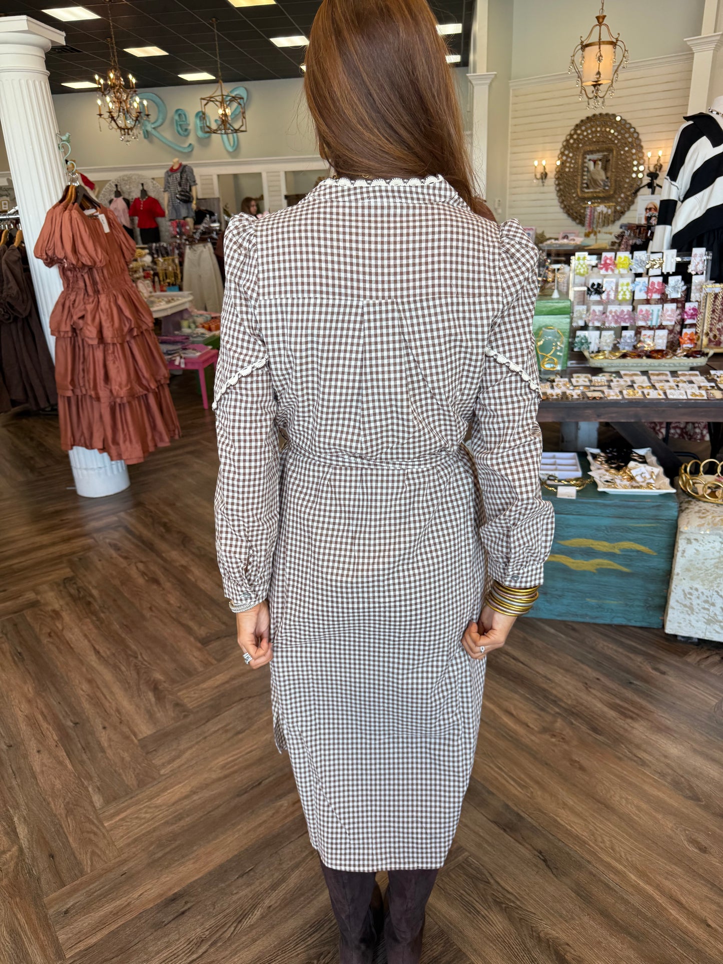 Dani Gingham Midi Dress: Brown