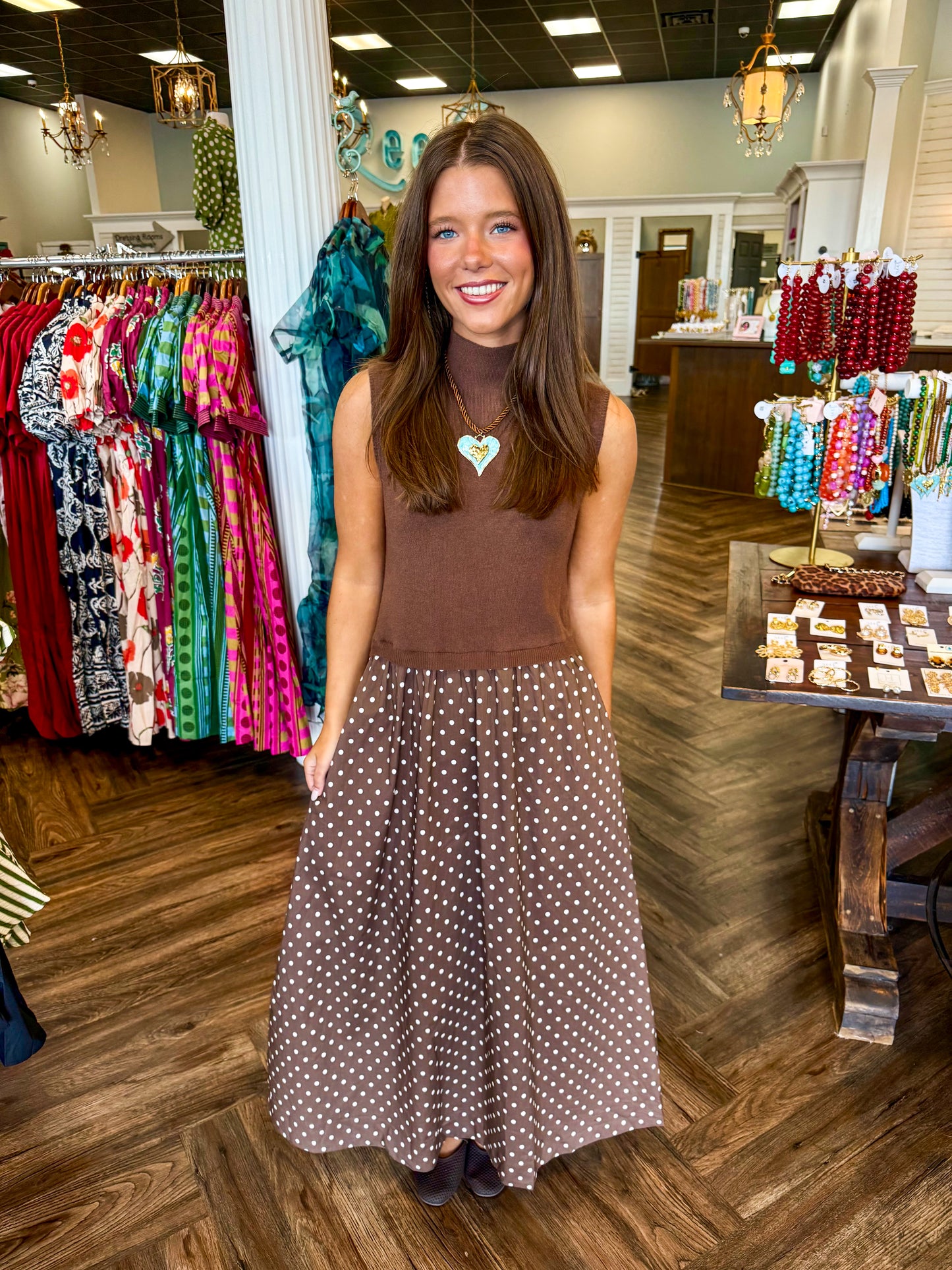 Brown Dot Sleeveless Sweater Midi Dress