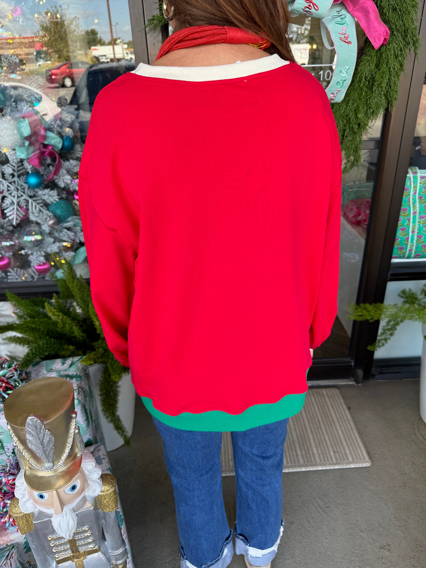 Santa Sequin Top: Green Trim