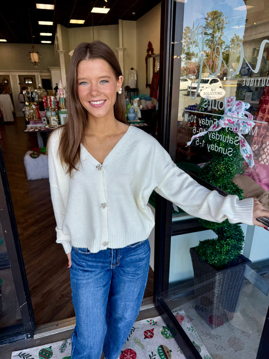 Cream Jeweled Button Sweater