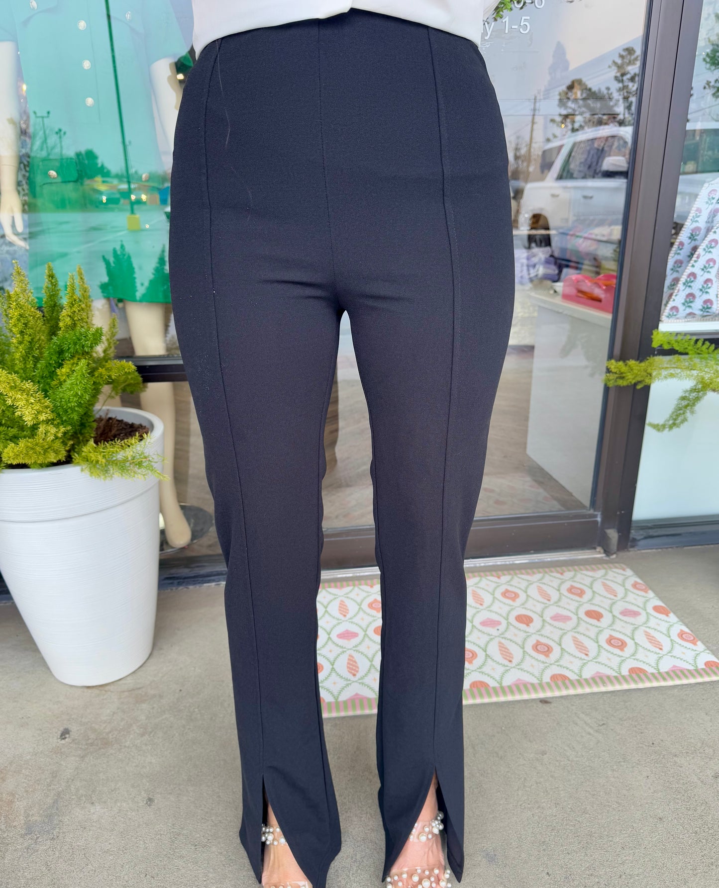 Slit Hem & Pintuck Front Flare Stretch Pants