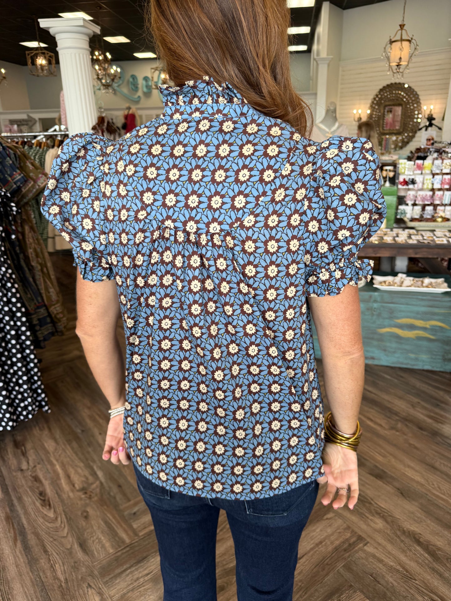 Blue and Brown Floral Print Top