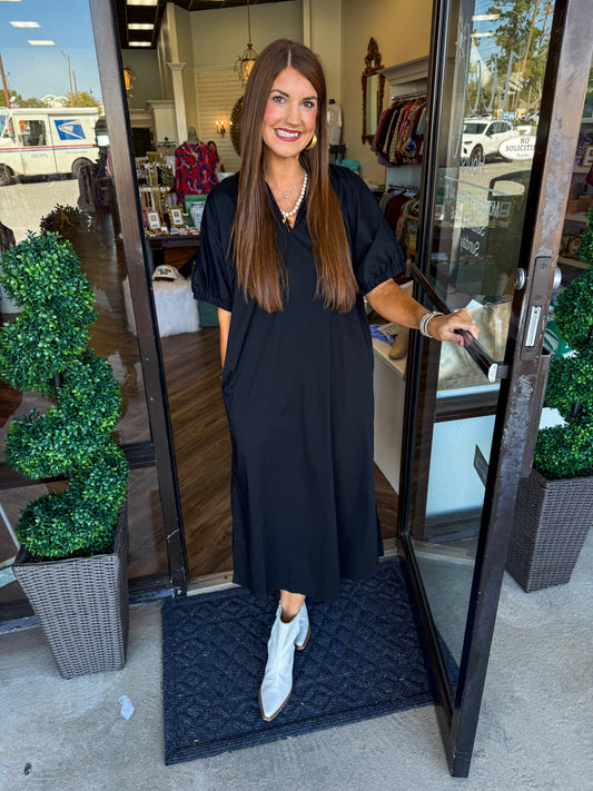 Frill Collar Black Midi Dress