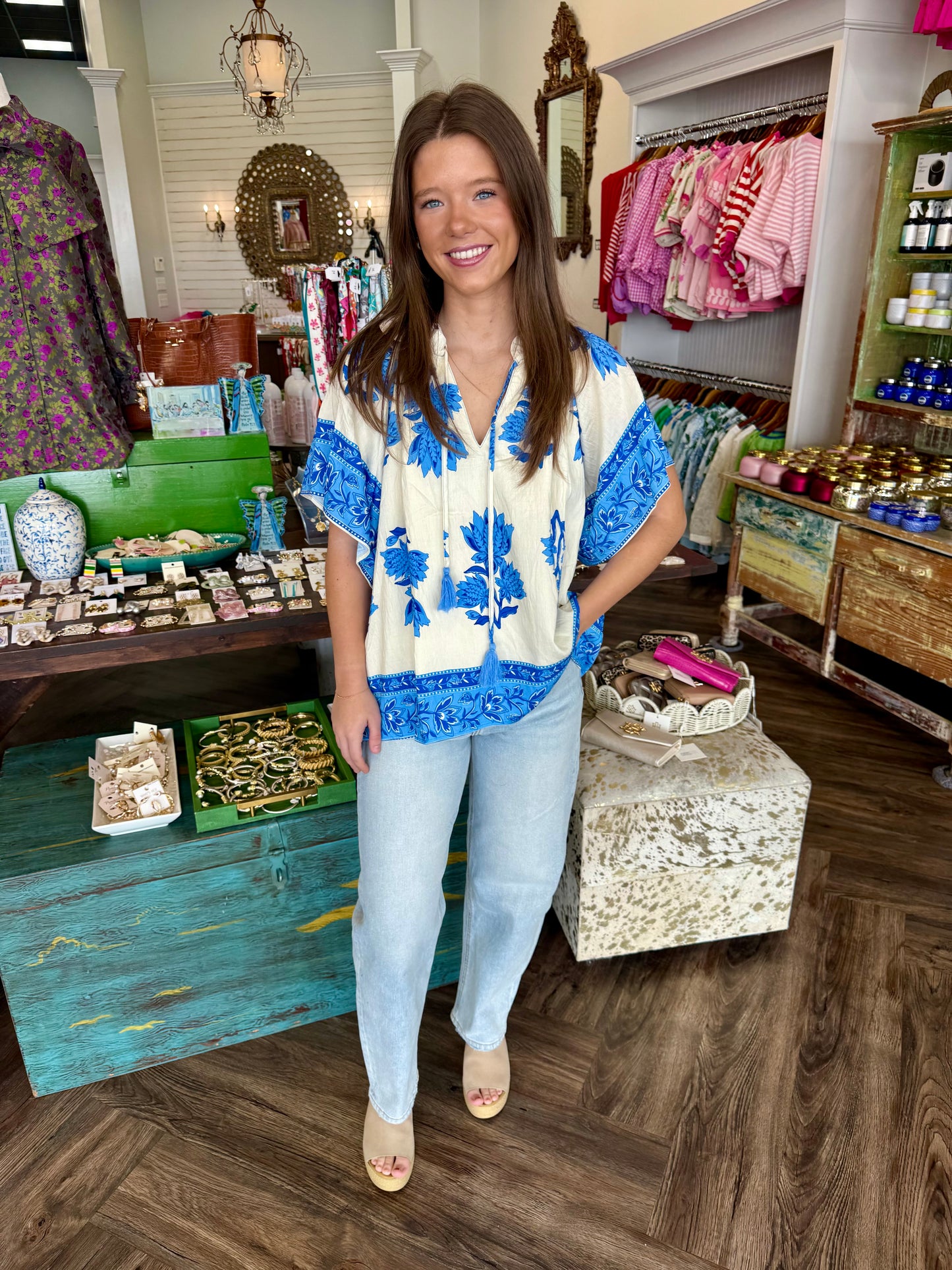 Floral Bordered Blouse: Blue