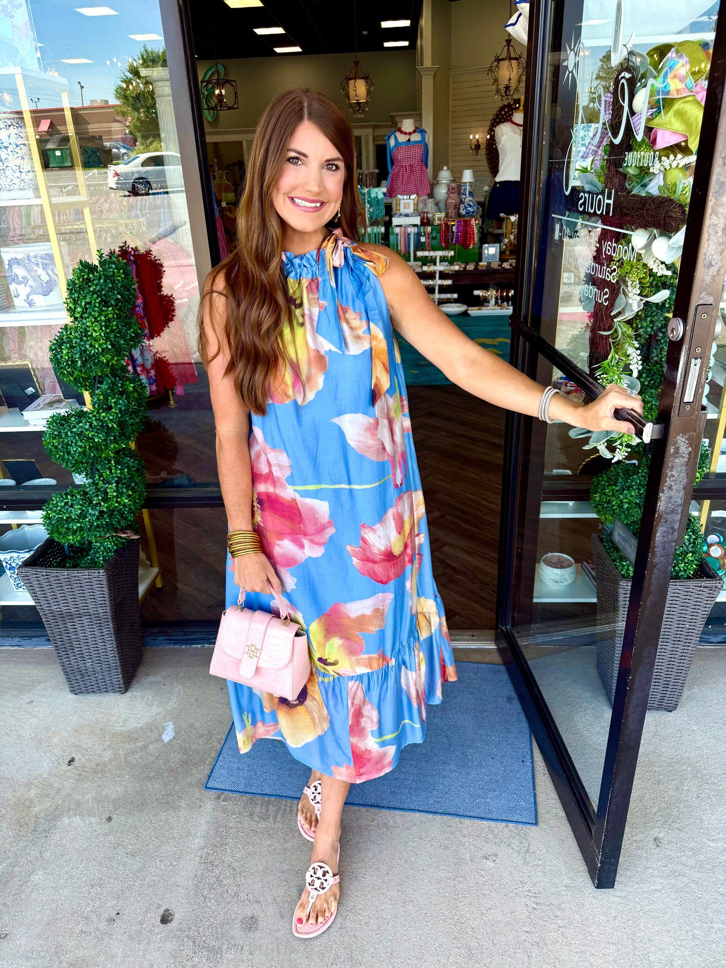 Neck Tie Fancy Midi Garden Dress: Blue