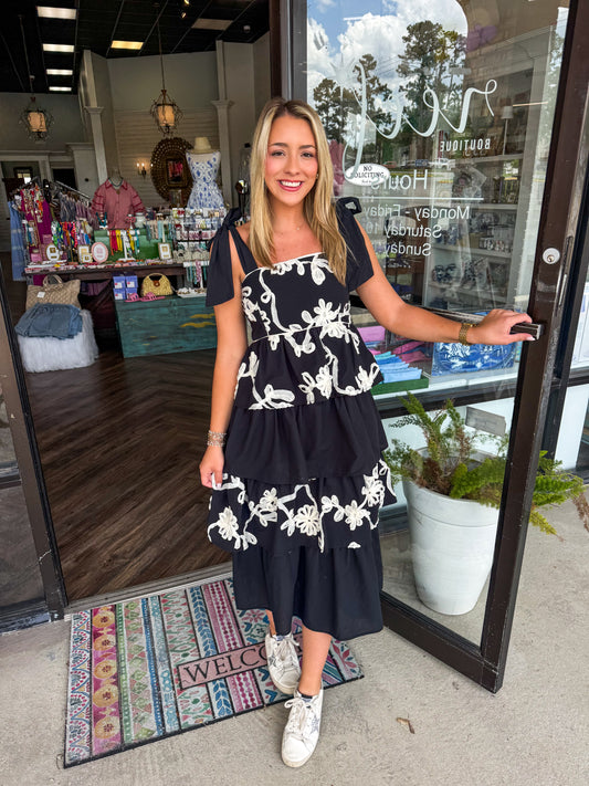 Floral Applique Tiered Midi Dress