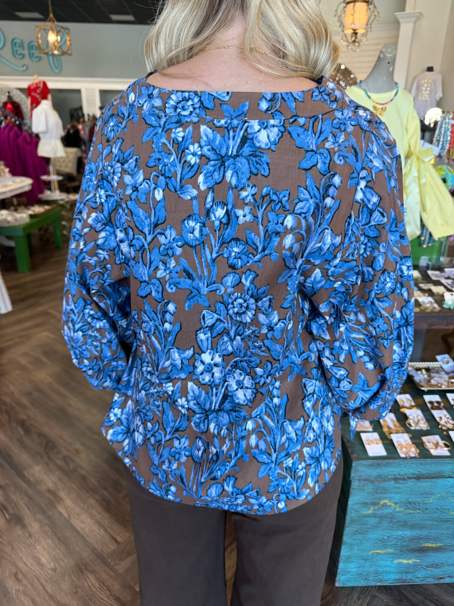 Brown Blue Floral Top