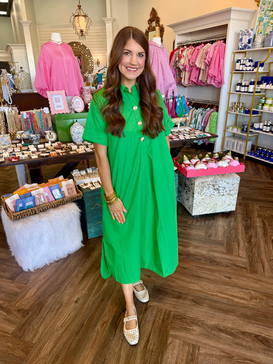 Accent Button Midi Dress: Kelly Green