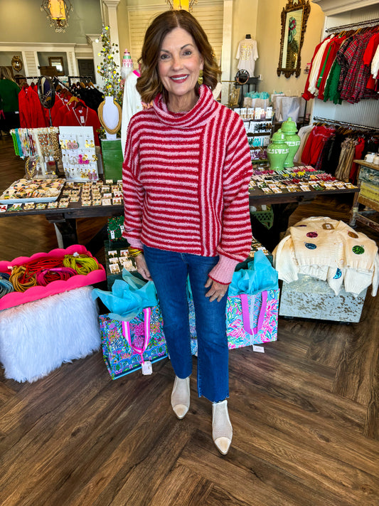 Fuzzy Striped Sweater: Red&Pink