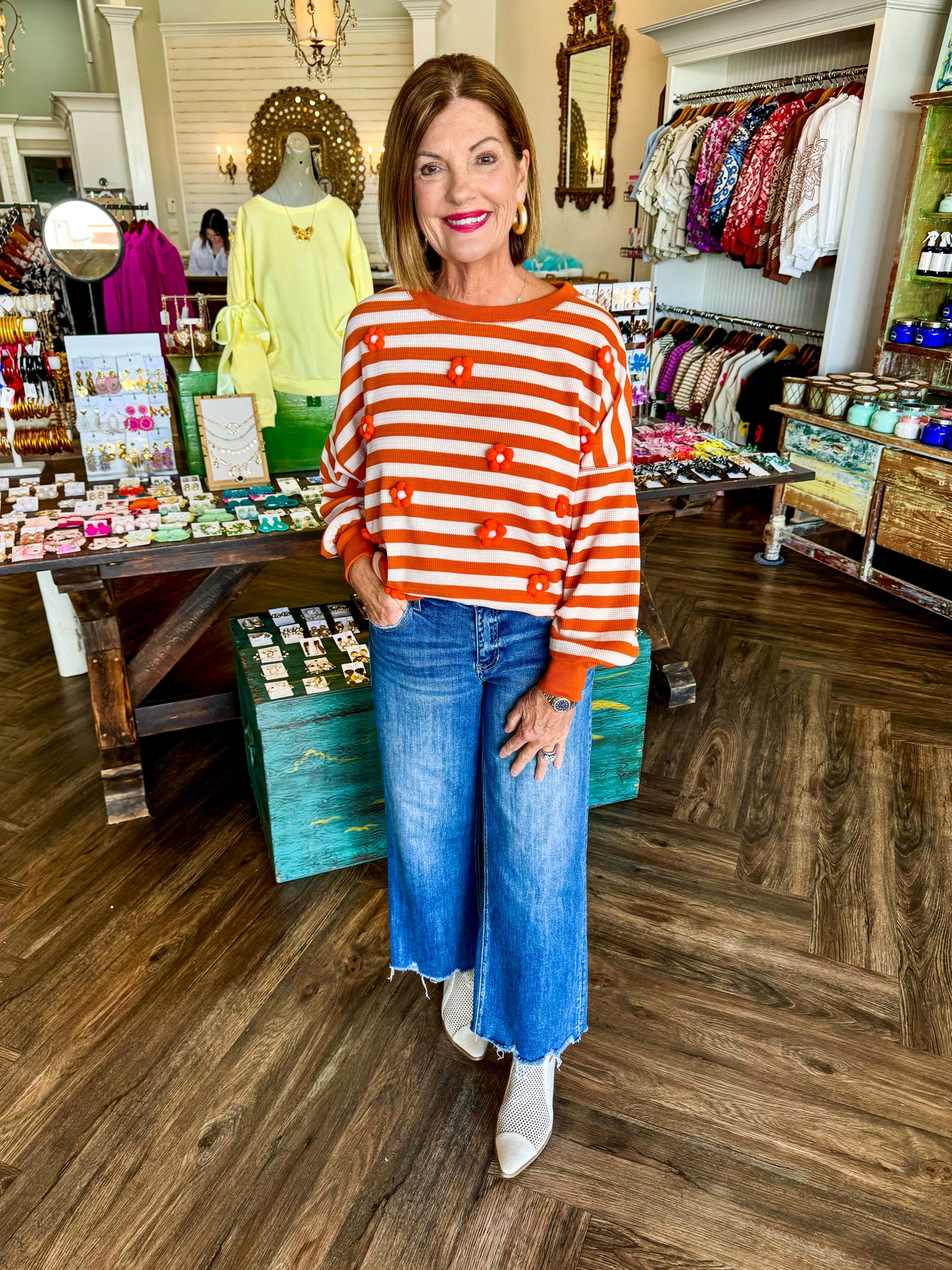 Orange Flower Detail Striped Top