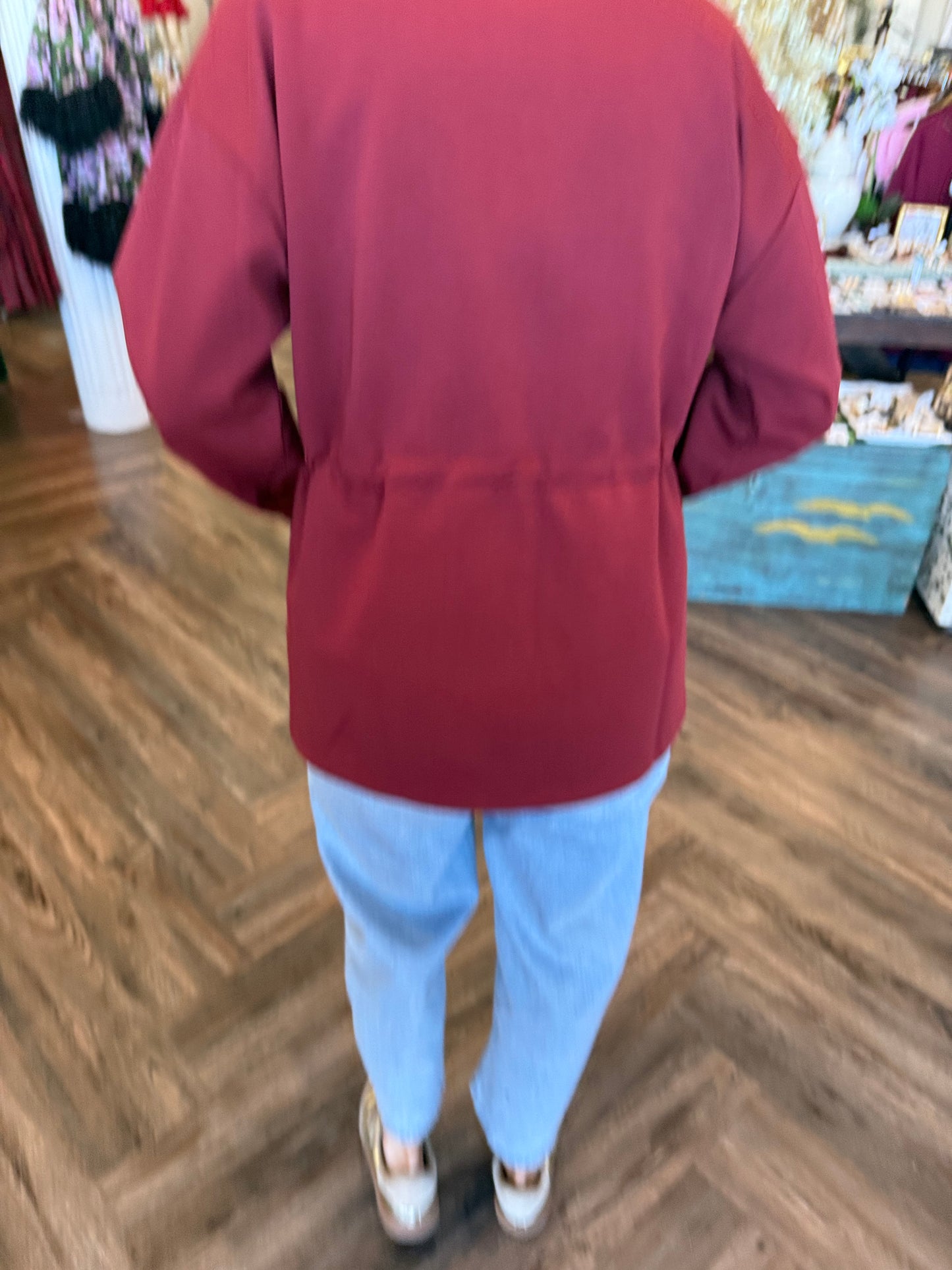 Drawstring Tie Top: Burgandy