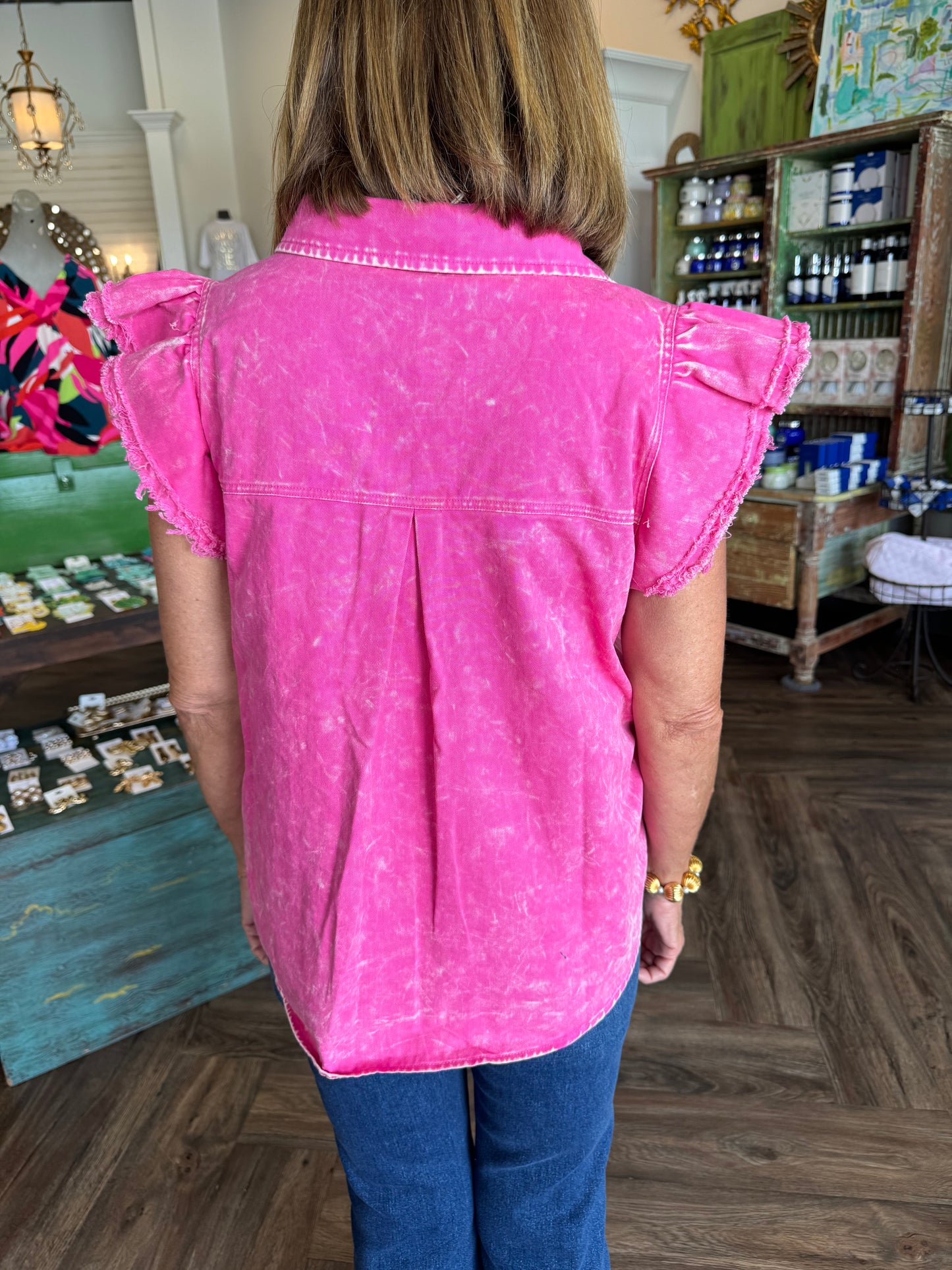 Mineral Wash Button Top: Pink