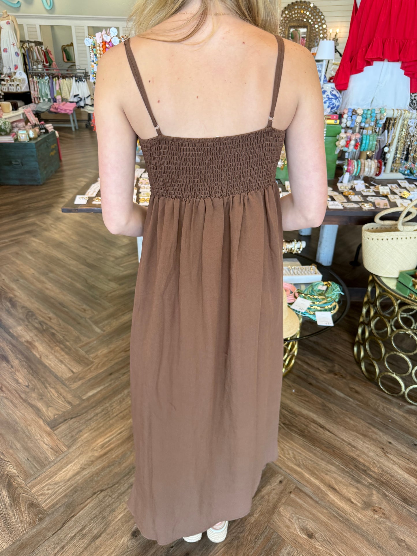 Pintuck Brown Midi Dress