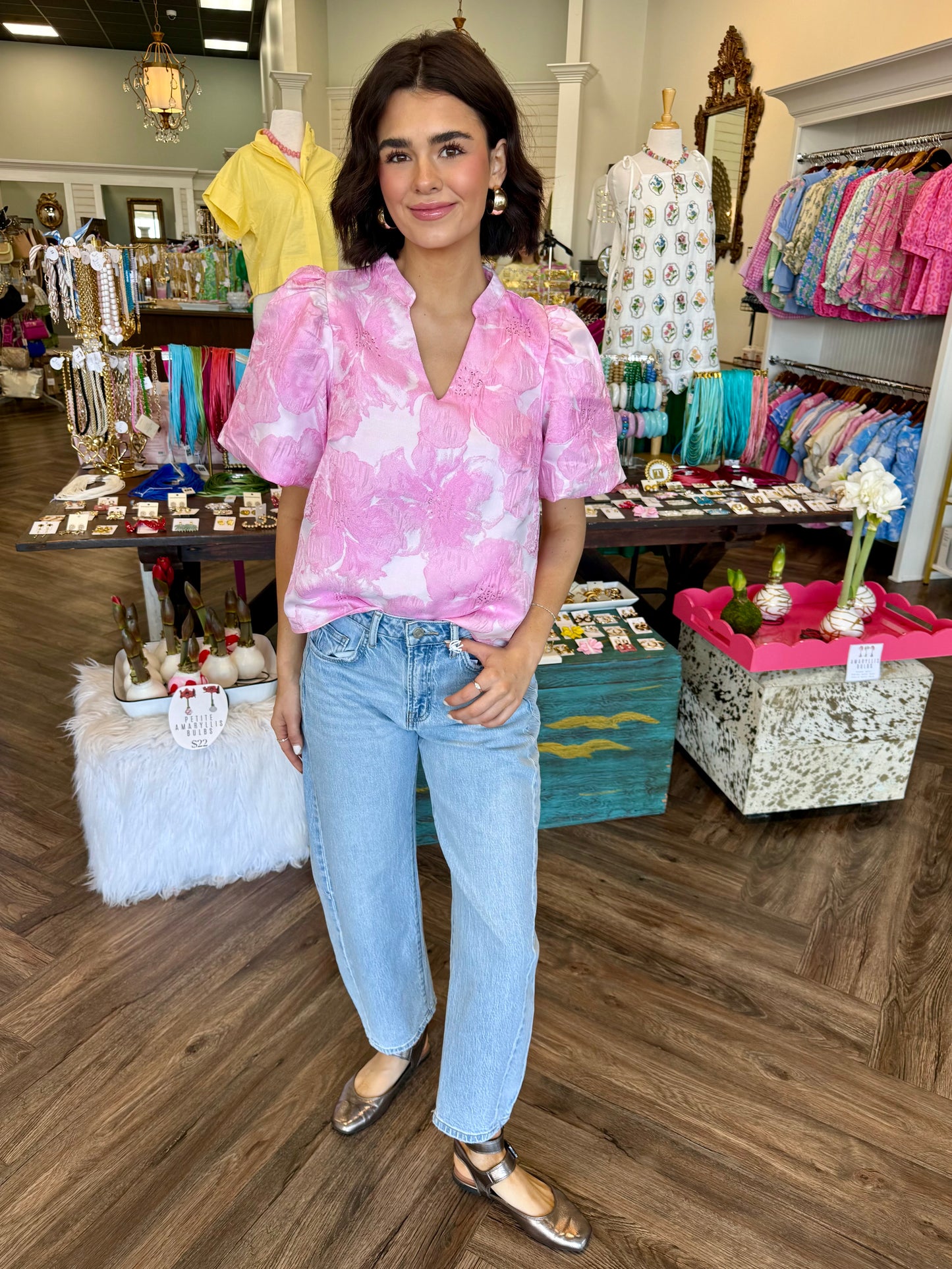 Floral Jacquard Top: Pink