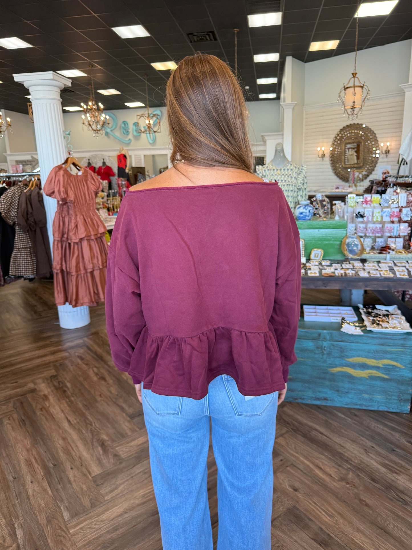 Off-The Shoulder Ruffle Hem Top: Maroon