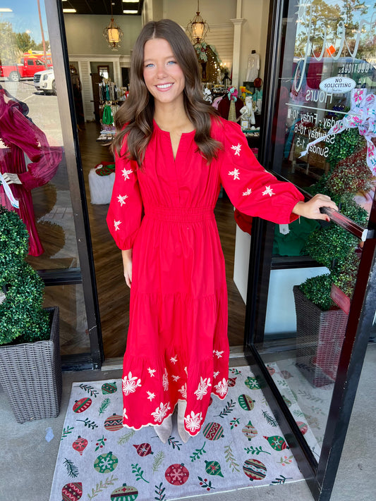 Embroidered Red Midi Dress