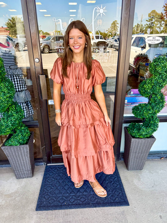 Rust Tiered Midi Dress