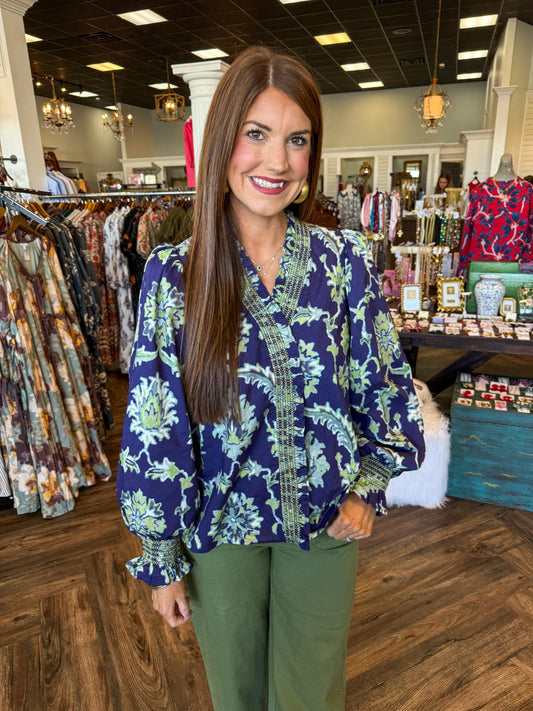 Navy and Olive Design Top