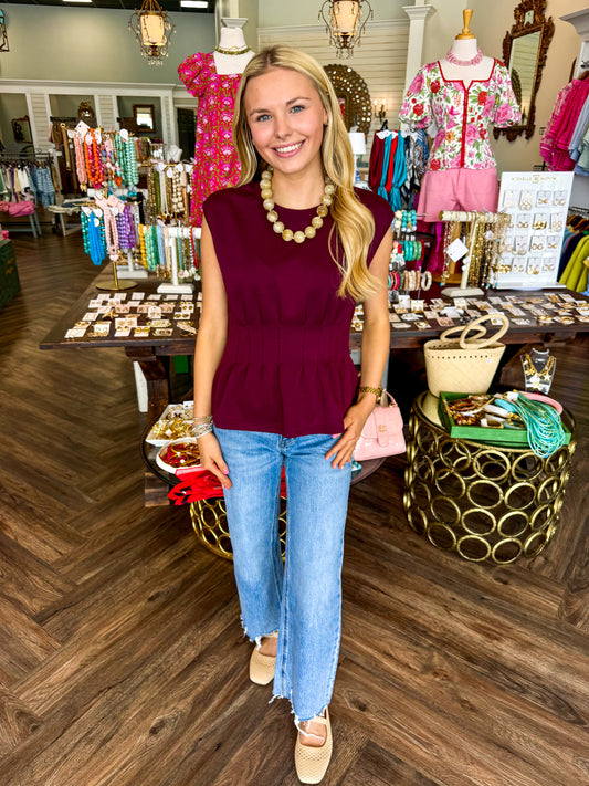 Pam Pleat Top: Burgundy