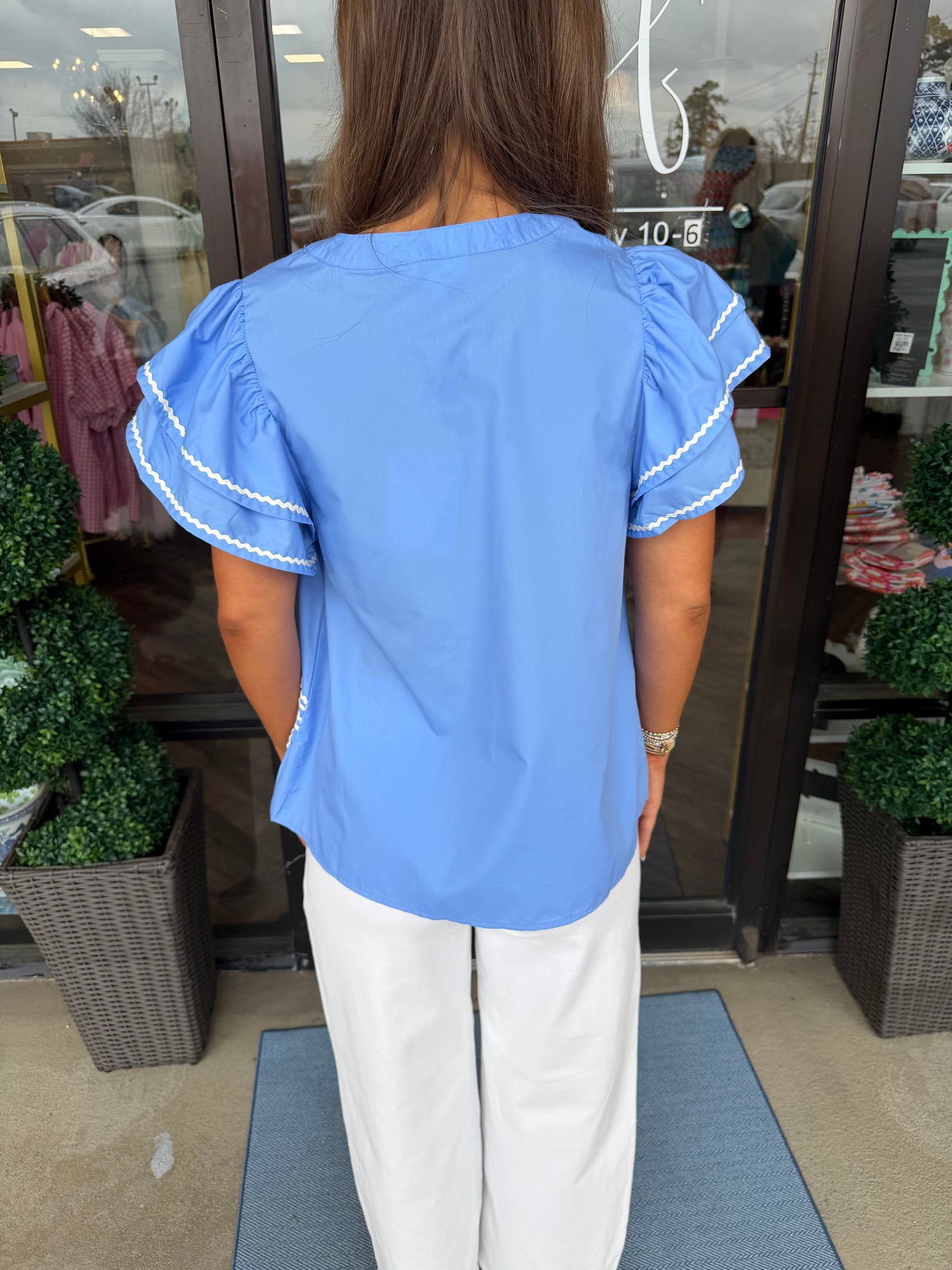 Preppy Palm Blouse: Blue