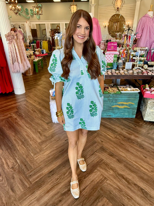 Stripe Floral Tie Dress: Blue