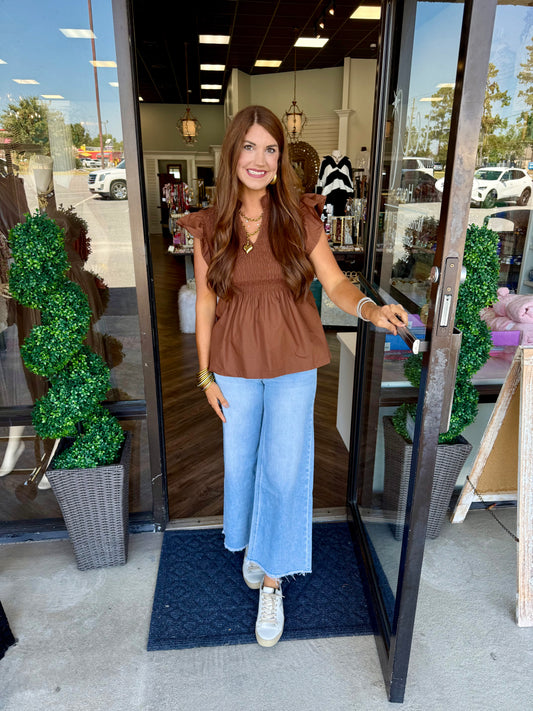 Brown Smocked Peplum Top