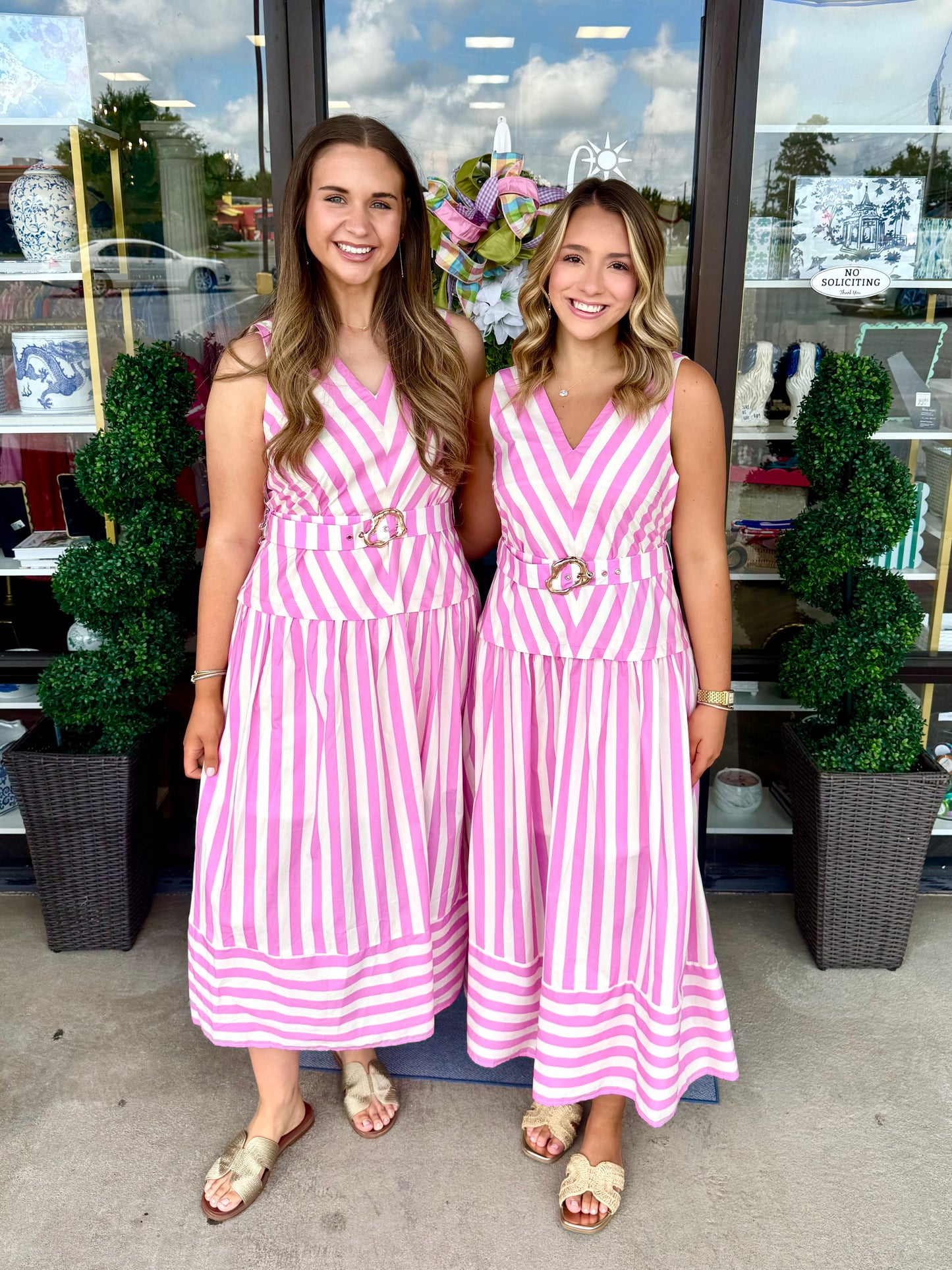 Vertical Stripe Belted Midi Dress: Pink
