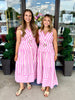 Vertical Stripe Belted Midi Dress: Pink